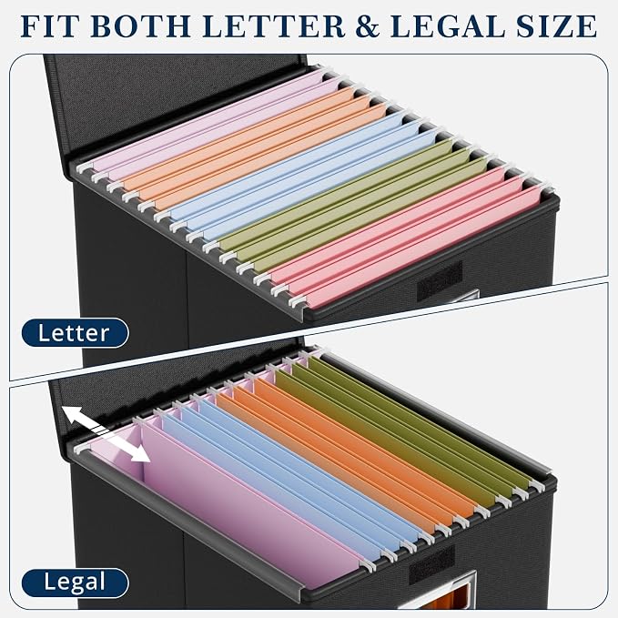 File Organizer Box with Lids, Collapsible File Folder Organizer | File Box with Plastic Slides for Office Document Storage, Filing Bin for Letter Size Hanging File Folders (1 Pack, Black)