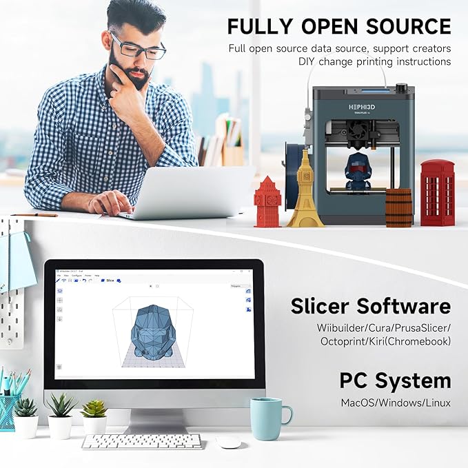 TINA2Plus 3D Printer, HEPHI3D 250mm/s High Speed FDM 3D Printers Fully Open Source, Auto Leveling Mini 3D Printer with WiFi Cloud Print, Fully Assembly 3D Printers for Beginners, Office, Home, School