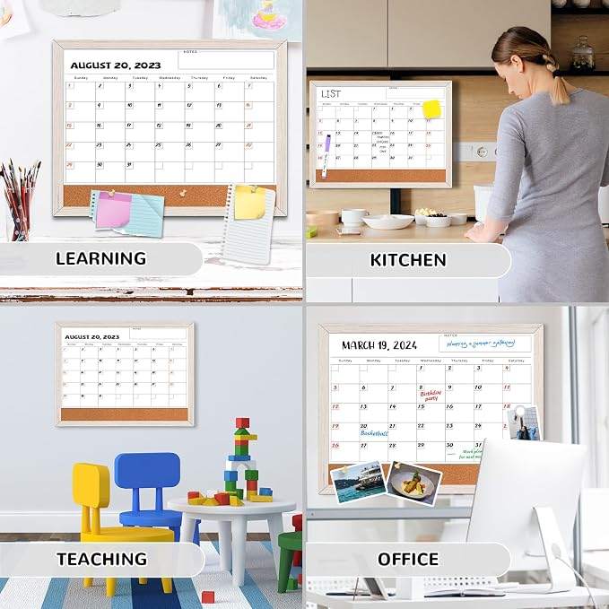 White Board Calendar Dry Erase Board for Wall, Magnetic WhiteBoard, 17"x13" | Hanging Board, White Wood Frame White Board and Cork Board Combo, Calendar Bulletin Board for Kitchen Planner Memo Office