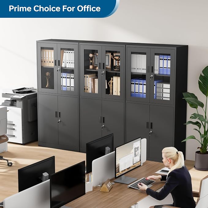 PEUKC Display Storage Cabinet with Glass Door, 71 Inches Metal Curio Cabinet with 2 Adjustable Shelves, Locking Glass Display Case for Home, Office, Clinic, Pantry, Assemble Required (Black)