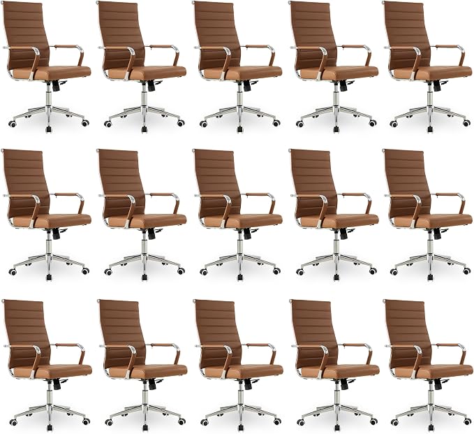 Okeysen Office Desk Chair, Ergonomic Leather Modern Conference Room Chairs, Executive Ribbed Height Adjustable Swivel Rolling Chair for Home Office Set of 15. (Brown)