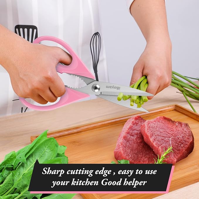 iBayam Pink Kitchen Scissors All Purpose Heavy Duty & Comfort Grip & Cover | 2-Pack Pink Kitchen Utensils Gadgets for Cooking & Baking, Dishwasher Safe, 8.7" Stainless Steel Sharp Scissors Food Poultry