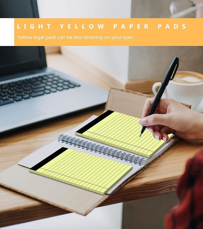 Yellow Legal Pads 4x6, 8 Pack, Narrow Ruled, Perforated,30 Sheets per Pad | Small Thick Paper, Ink Bleed Resistant, Smooth Writing Durable Cardboard Back, Easy Tear-Off Pages，Double-Sided,Pocket Size