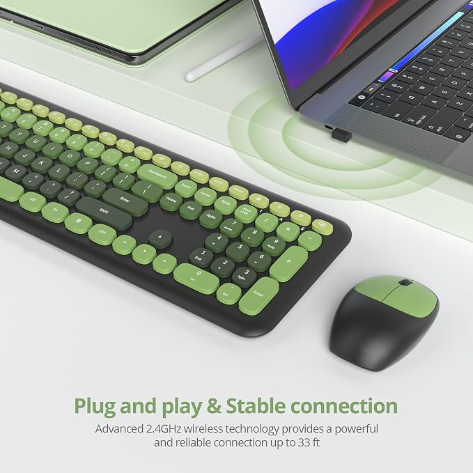 Surmen Dark Green Keyboard and Mouse Wireless Quiet, Full-Size Girly Cute Keyboard Mouse Retro Typewriter Low-Noise 2.4GHz for Computer, Desktop, Laptop (6-Black Green)