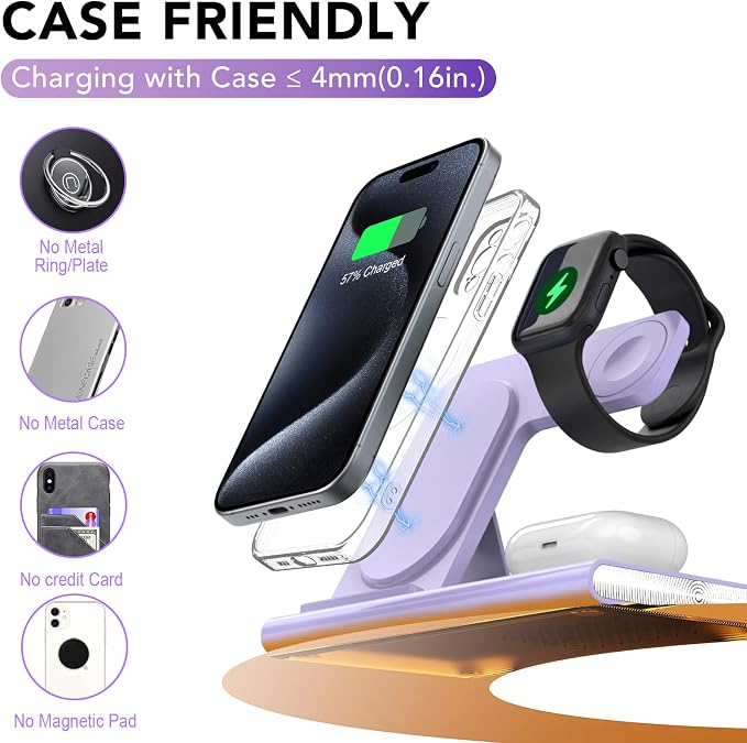 3 in 1 Foldable Wireless Fast Charging Station for Apple Multiple Devices | iPhone Charging Station for iPhone 17, Travel iWatch Charger Stand, Light Nightstand Charging Dock for Apple Watch/Airpods