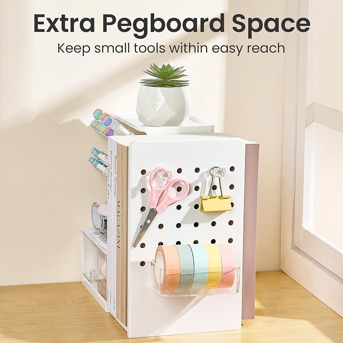 Sooez Desk Organizer with Bookends, Pegboard & Drawer, Pen & Pencil Holder | Desk Accessories with 5 Compartments, Teacher School Office Supplies, Dorm Room Organization Storage for Sticky Notes, Purple
