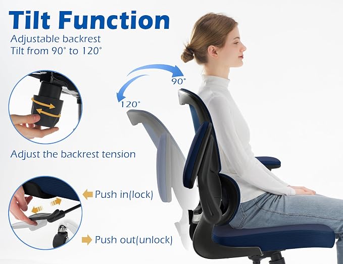 TRALT Ergonomic Office Chair Desk Chair with Adjustable Lumbar Support | Desk Chair Comfy with Flip-up Armrests Ergonomic Chair - Mesh Computer Chairs for Adults, 330lbs, PU Leather (Navy Blue, 1)