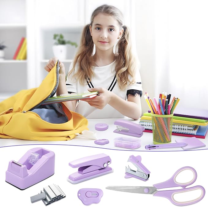 Purple Desk Accessory Kit Cute Office Supplies Set Desktop Stapler Set Includes Staple Remover Hole Punch Tape Dispenser Ballpoint Pen Scissor Mini Box Cutter Tape Measure Paper Clips Sticky Notes