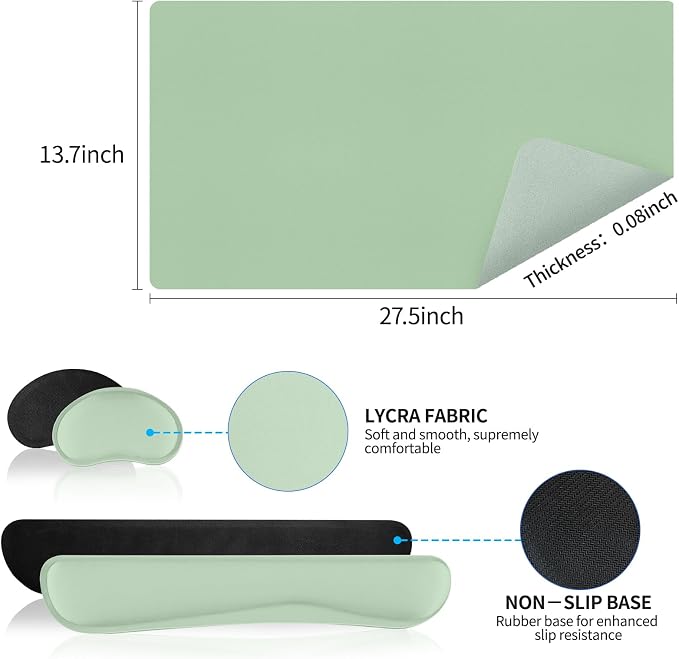 Desk Mat Set， Wrist Rest for Computer Keyboard, 3-in-1 Large Mouse Pad and Keyboard Wrist Rest Set, Non-Slip Desk Mat Protector for Office, Home(27.5×13.8 Inches, Lake Green)