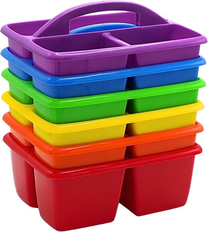 4E's Novelty Classroom Caddy Set of 6, Plastic Caddies for Supply, Caddy Organizer with Handle for Classroom, Rainbow Colors, Desk Caddies for Supplies Keep Desks and Work Stations Organized