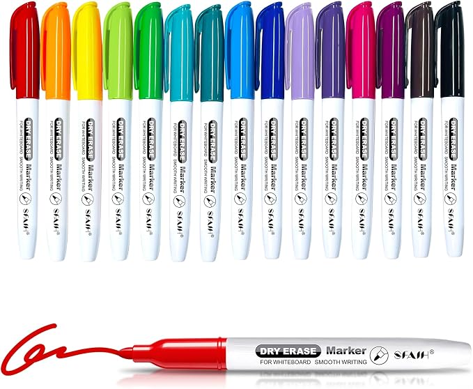 SFAIH Fine Tip Dry Erase Markers, 15 Colors, 15 Pack, 1-2mm Line, Low Odor | Easily Erases, Non-Toxic Ink, Perfect for Whiteboards, Ideal for Office Teams, Study Groups, Homeschooling, Kids & Paper Art