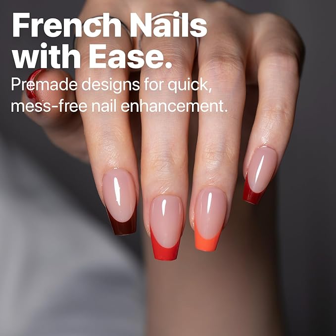SXC Cosmetics French Tip Press On Nails 150 Pieces in 15 Sizes Ultra Fit with Pre-applied Tip Primer and Base Coat, No Need to File Fake Nails for Nail Art DIY X-Pro Tips (5RED119-S Coffin)
