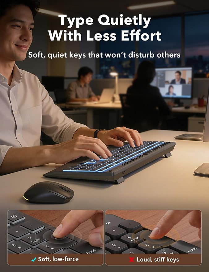 Trueque Wireless Keyboard and Mouse Combo, 4000mAh Battery, Wrist Rest | Rechargeable, 15 Backlit Effects, Full Size, Phone Holder, Quiet Typing, 2.4GHz Wireless, USB-A & C Connectivity for Windows