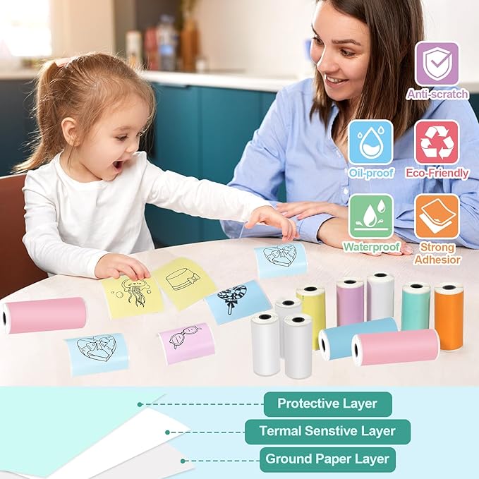 14 Rolls 53mmx28mm Thermal Printer Paper, Mini Colorful Self-adhesive Label Printer Paper Compatible With Phomemo Memoking Mini Printer, Study Notes, Journal Photos(Multicolor)