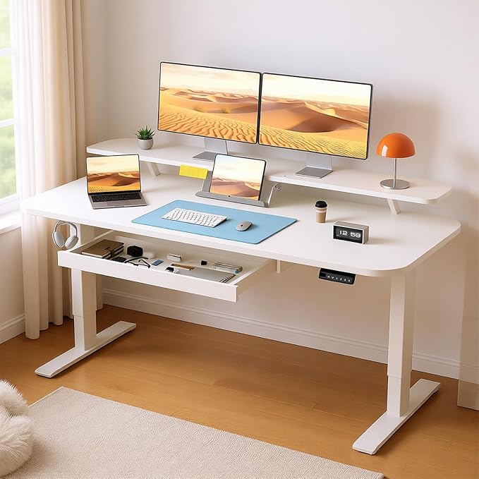 COMHOMA Electric Standing Desk with Drawers, 55 x 24 Inch Sit Stand up Desk with Monitor Stand, Laptop Stand, Height Adjustable Ergonomic Home Office Computer Desks with Memory Preset Controller