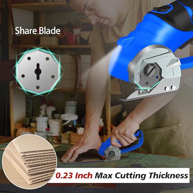 Cordless Electric Scissors, 4V Rechargeable Box Cutter & Cardboard Cutter with LED Light, Safety Lock - Rotary Cutter for Fabric, Leather, Plastic, Crafting, Sewing with Storage Box(Royal Blue)