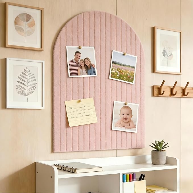 Large Arched Felt Bulletin Board, Sized 36" x 24" for Office & Wall Decor – 6 Customizable Adhesive Tiles with Pins are Perfect to Display Your Photos (Pink)