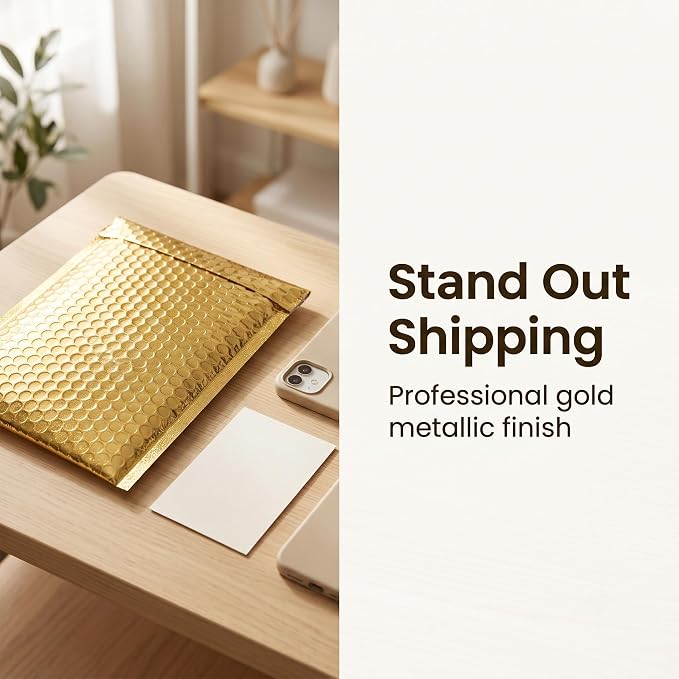 100 PCS 5 x 6 Inch Metallic Bubble Mailers, Gold Padded Mailing Envelopes | GINLANK Practical Self Seal Aluminum Film Shipping Envelopes for Packing, Mailing