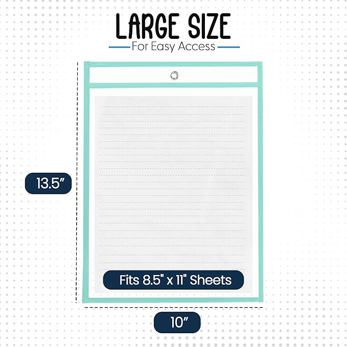 Essex Wares - 6 Pack, Seafoam, Durable Water-Resistant Dry Erase Pocket Document Protectors, 10" Wide x 13.5" Tall - Dry Erase Clear Plastic Sleeves - Reusable & Easy Erase Plastic Invoice Holders