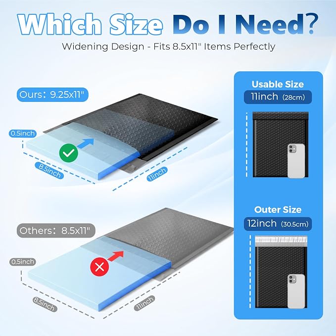 Metronic Bubble Mailers True 8.5x11" Usable Size Padded Envelopes 250 Pack | 50% Thicker 1/7" Bubble 8.5x12" Self Seal Water-resistant bubble envelopes for Books,DVD,Magazine& Small Business,#2,Black