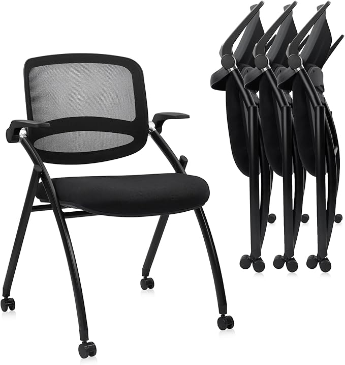 CLATINA Stackable & Foldable Conference Chair with Wheels, Ergonomic Mesh Back, 300lbs Capacity, Breathable Padded Seat, Adjustable Armrests, Office Chair for Reception, Training, Home, Black, 4PK