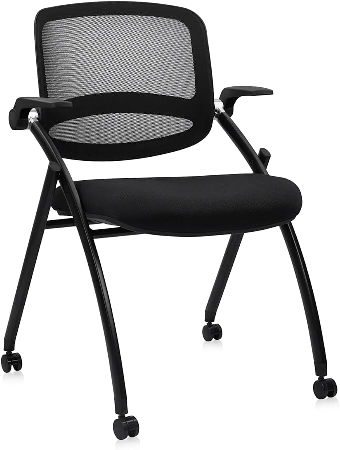 CLATINA Stackable & Foldable Conference Chair with Wheels, Ergonomic Mesh Back, 300lbs Capacity, Breathable Padded Seat, Adjustable Armrests, Office Chair for Reception, Training, Home, Black, 1PK
