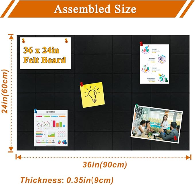 Large Square Felt Cork Board Tiles, Self Adhesive DIY Felt Bulletin Board Pin Board with 35 Pushpins for Office School Home Wall Decor Stickers Memos Photos Display (Black)