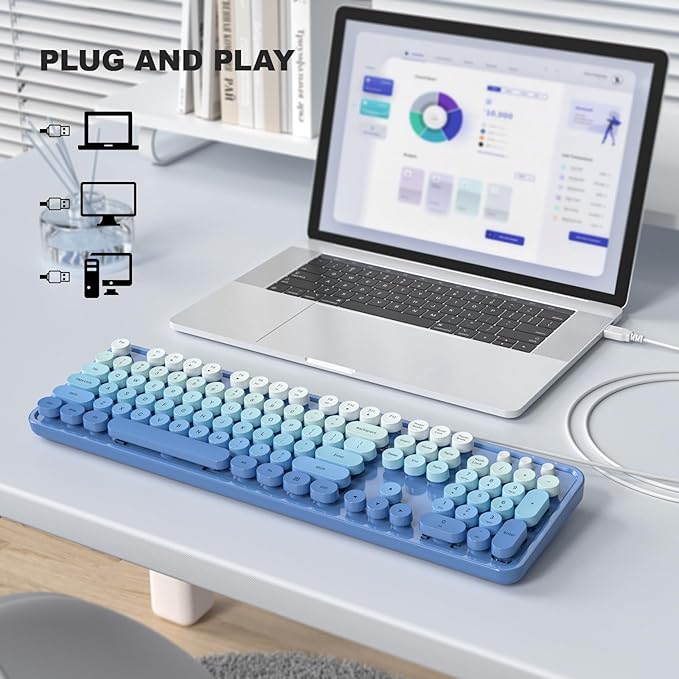 Computer Keyboard Wired, Plug and Play USB Retro Round Typewriter Keyboard, Full Size Wired Keyboard with Foldable Stands for Laptop and Office PC