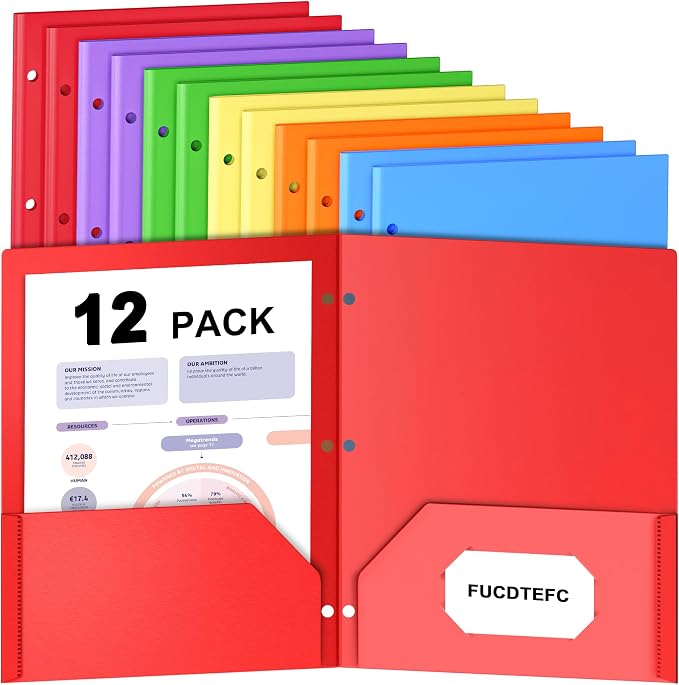 12 Pack Folders with Pockets, Plastic 3 Hole Punched Binder Folders with Business Card Holder, Colored Decorative File Folders for Documents, Filing Cabinet, School, Office, Business | 6 Color, Decorative, File Folders, Business Card Holder, for Docume...
