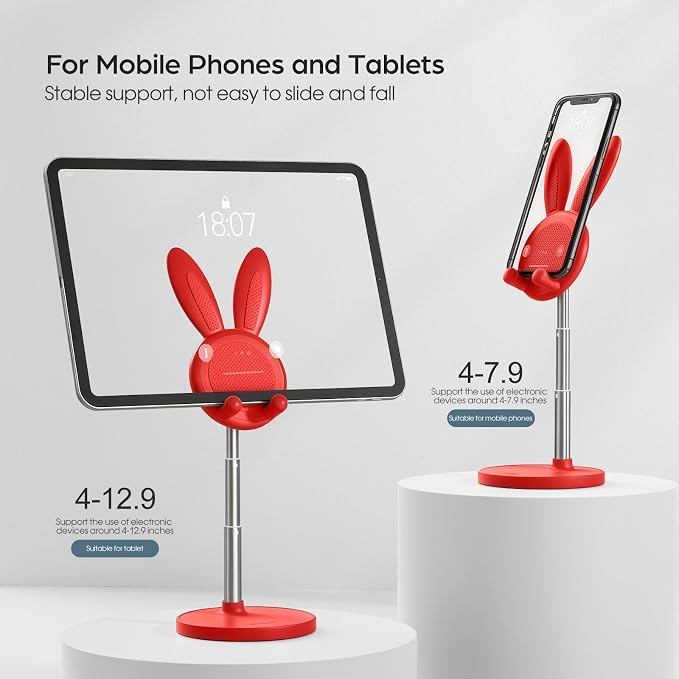 OATSBASF Cute Bunny Phone Stand Adjustable Phone Holder for Phones | Weighted Base Kawaii Desk Accessories, Aesthetic Room Decor Gift for Women/Girls/Kids, Compatible with All Phones
