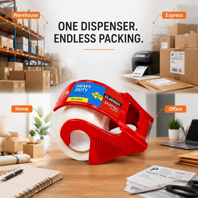 Clear Packing Tape with Dispenser, 2 Pack Shipping Tape Rolls with Cutter | 1.88" x 33 yd Portable Shipping Tape Roll, Easy Cut Packaging Tape for Moving Boxes, Mailing, Storage, Office and Home Use