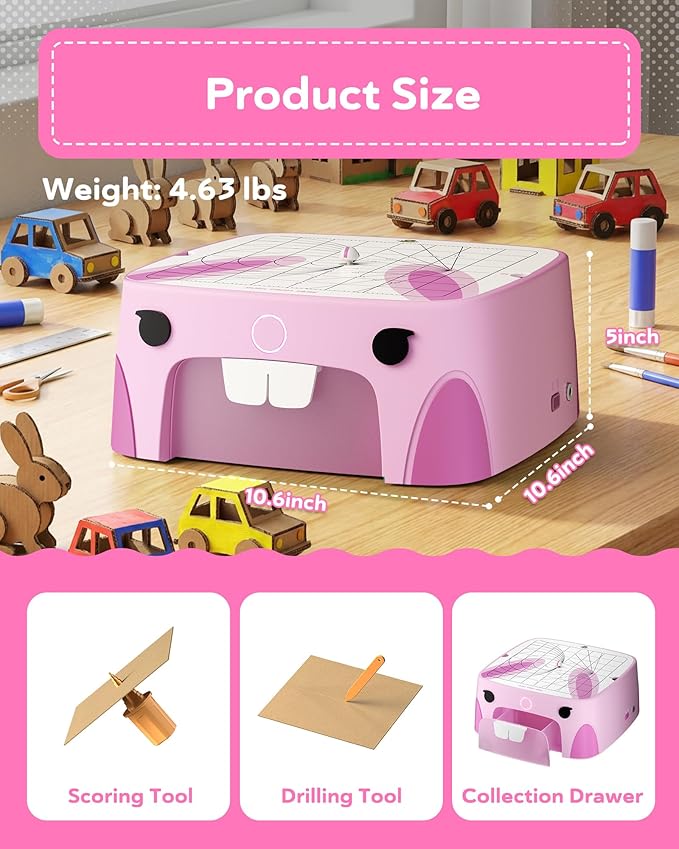Rabbit Kids Cardboard Cutter for Ages 3+, Safe Bladeless Power Tool for Cardboard Crafts, DIY STEM & STEAM Educational Construction Kit, Creative Upcycling Gift Toy for Boys & Girls
