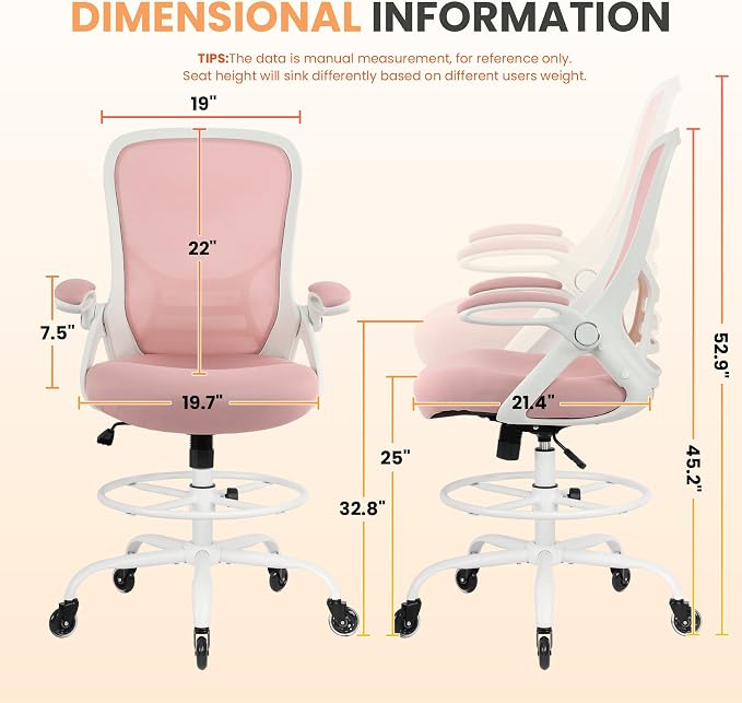 Drafting Chair Tall Office, Ergonomic Standing Desk Stool Adjustable Big and Tall Drafting Office Chair with Flip-Up Armrests, Mesh, Pink