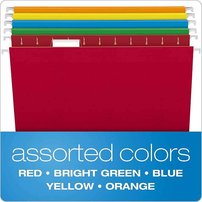 Pendaflex Hanging File Folders,Letter Size,Assorted Colors,1/5-Cut Adjustable Tabs,25 Per Box (81663),(Pack of 10)