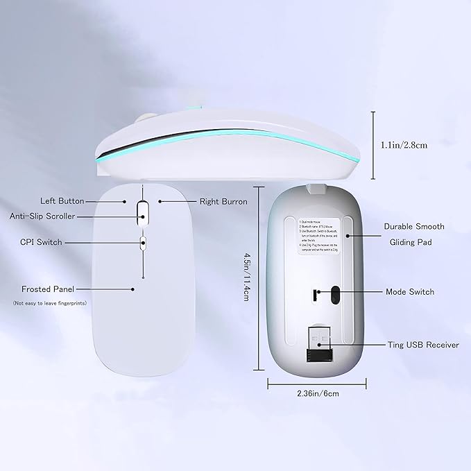 Wireless Bluetooth Mouse Rechargeable Laptop Mice with LED Lights Silent Slim Use(BT5.2 & USB 2.4G Portable Receiver) Dual Mode Computer Mouse for Laptop/iPad/Tablet/Apple/Computer/Mac(White)