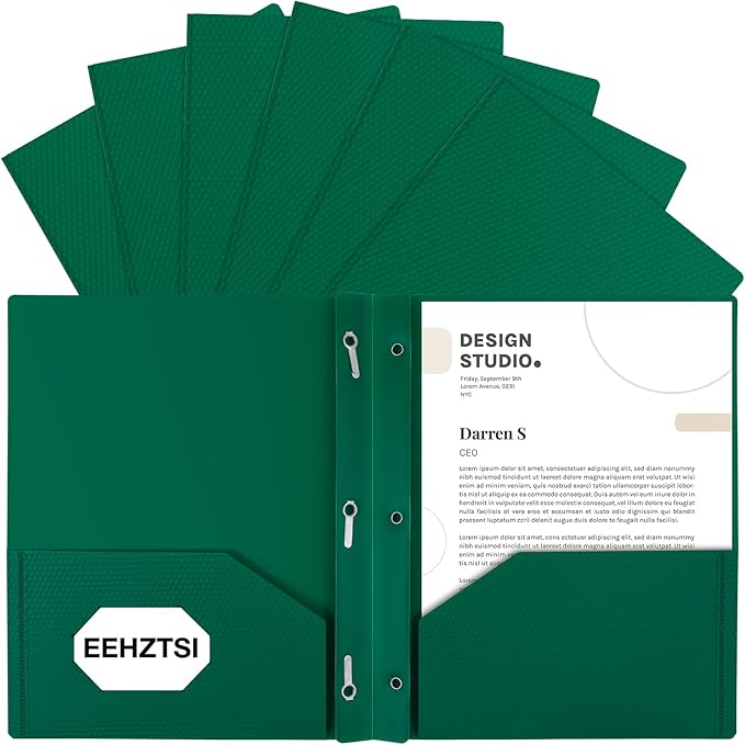 12-Pack Plastic Folders with Pockets and Prongs,2-Pocket Folders with 3 Fasteners, Poly Folders Holds 8-1/2" x 11" Paper for School/Office/Home, Green