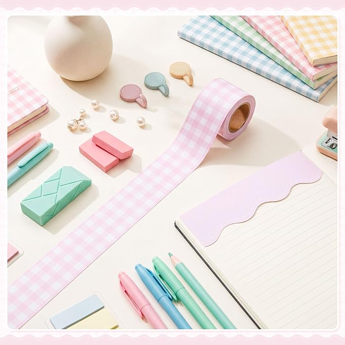 2 Rolls 65.6ft Pink Gingham Bulletin Board Borders Decoration Pink Checkered and Straight Edge Bulletin Borders Board Trim for Office School Classroom Chalkboard Party Decoration