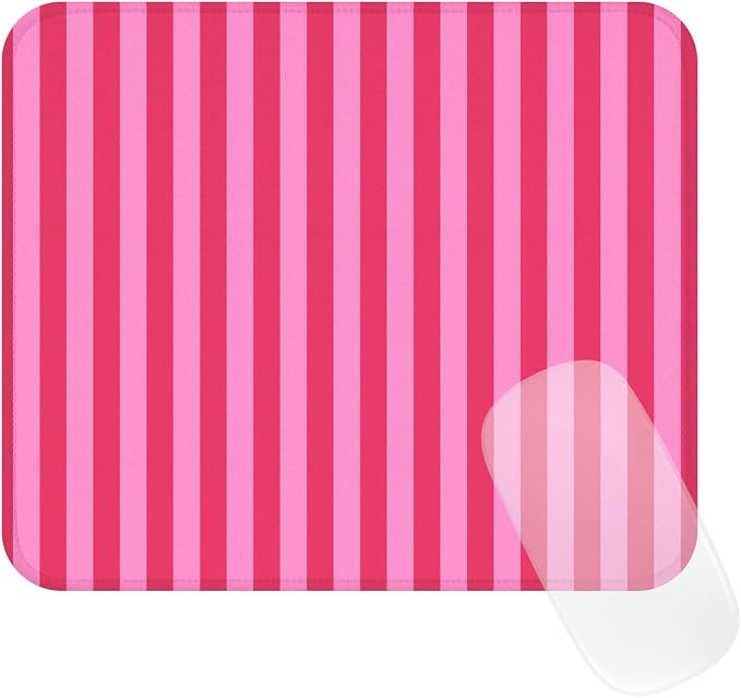 Square Cute Striped Mouse Pad with Stitched Edge, Premium Waterproof Cloth Aesthetic Small Stripe Mouse Mat, Non-Slip Rubber Base Funny Mousepad Desk Accessories,Striped Hot Pink