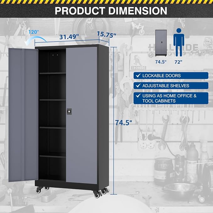 Fesbos Metal Rolling Storage Cabinet-74.6” Tall Steel File Cabinets with Wheels Lockable Doors and Adjustable Shelves-Black & Gray Steel Storage Cabinet for Home, School, Office, Garage