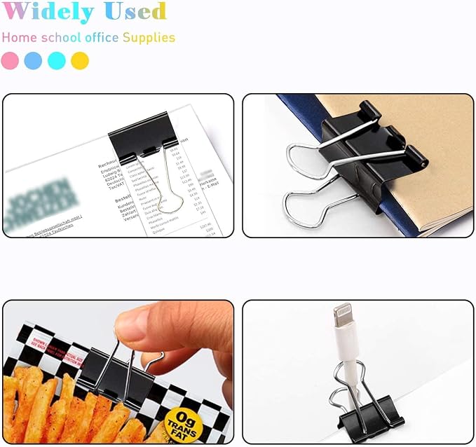Medium Binder Clips, 144 Pack, 1-1/4 Inch, 1.25 Inch, Standard 32mm, Black, Capacity 0.6 Inch, Metal Paper Clips, Fold Clamp, Office Clips, School & Home Use