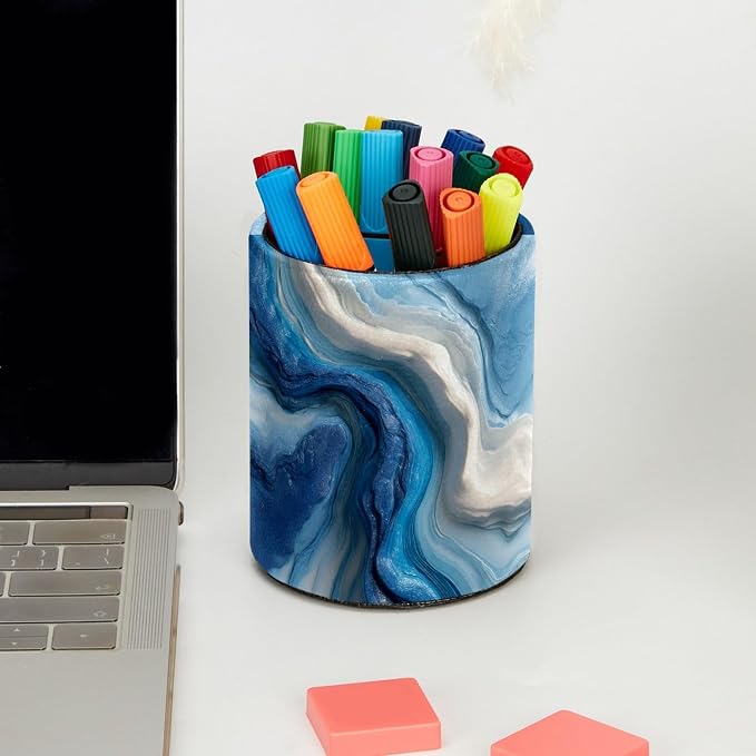 Leather Pen Holder for Desk, Blue and White Texture Pencil Cup Pen Organizer Makeup Brush Holder for Office Home Kids Countertop Desk Accessory Storage