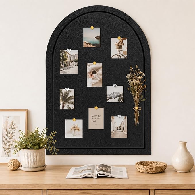 VABAMNA Arched Felt Bulletin Board 24" x 18", Grooved Edge Foldable Self-Adhesive Boards with Pins & Hooks for Office, School & Home Photo Display (Black)