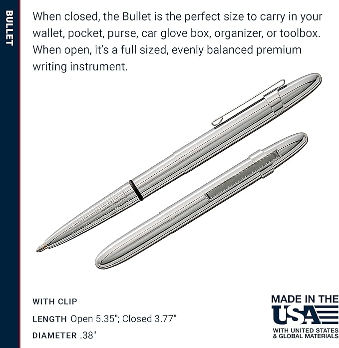Fisher Space Pen Chrome Bullet Pen, Pressurized Ballpoint Pen, Compact Size, Writes Upside Down and in Extreme Temperatures, Smooth Black Ink, Medium Point, Pocket Clip, Gift Box, Made in USA