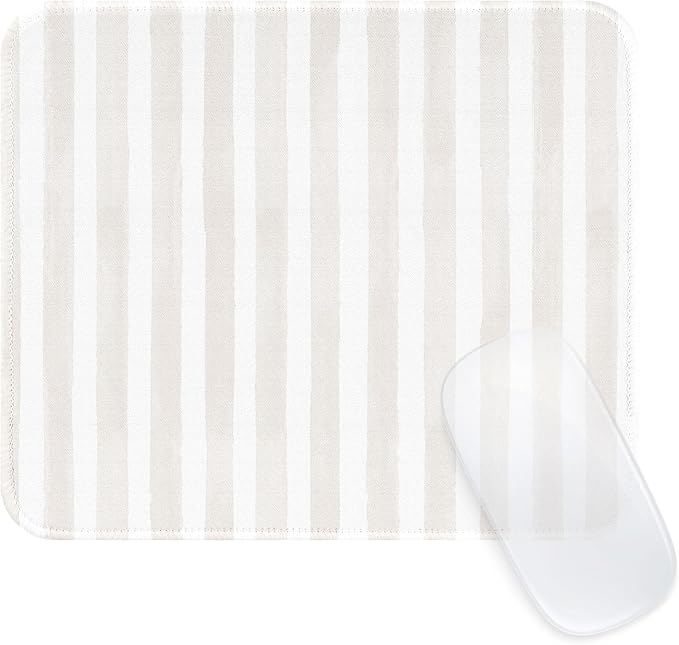 Square Cute Striped Mouse Pad with Stitched Edge, Premium Waterproof Cloth Aesthetic Small Mouse Mat, Non-Slip Rubber Base Simple Funny Mousepad Desk Accessories,Beige and White