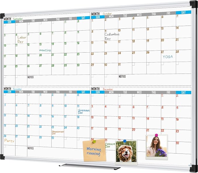 XBoard Magnetic 4 Month Whiteboard Calendar 48" x 36", Quarterly Planning for Office, Home, School