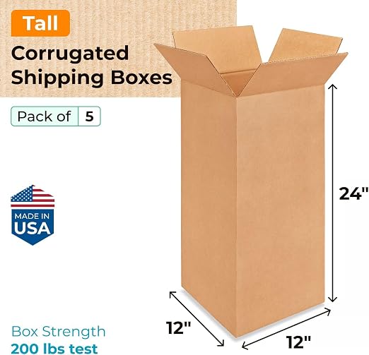 Tall Moving & Shipping Boxes 12 x 12 x 24 inches (5-Pack) - Extra Strength 200 lb vs Regular - Corrugated Moving Boxes - Packaging Box for Delivery - Packing and Moving Box by IDL Packaging | Extra Strength 200 lb vs Regular - Corrugated Moving Boxes -...