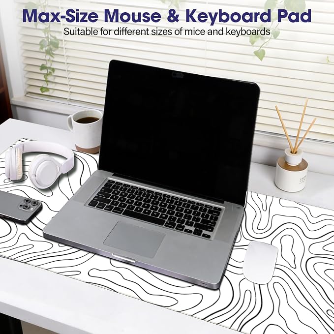 Large Extended Mouse Pad with Stitched Edges 35.4"x15.7" - Waterproof Desk Mat, Non-Slip Rubber Base for All-Desk Coverage, Perfect for Gaming Office Home, White Black