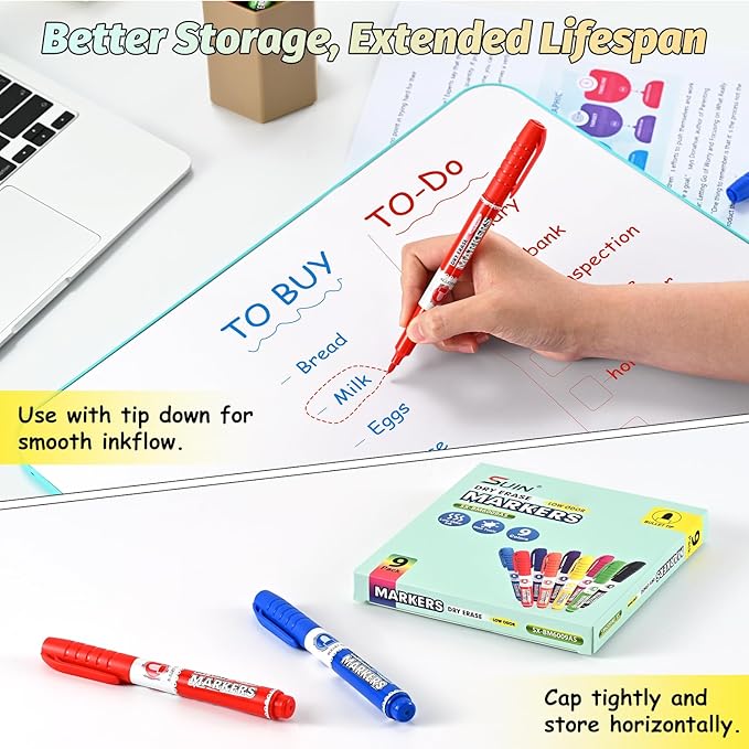 SUIN 9 Colors Dry Erase Markers - Low Odor, Non-Toxic, Slim Whiteboard markers, Medium Fine Tip Whiteboard Pens for Officer, Classroom & Home, 9 Count