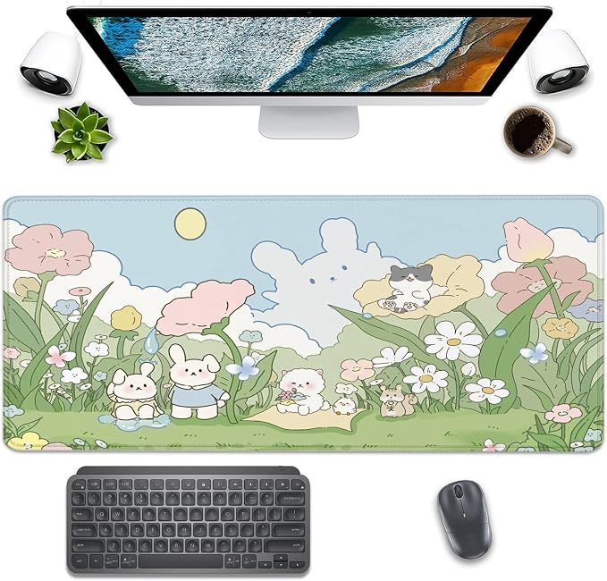 Cute Cartoon Bear Rabbit Cat and Flowers Extended Desk Pad Mouse Pad,Stitched Edges Non-Slip Rubber Base XL Mouse Mat Desk Mat for Office Home Work Floral Mousepad(27.5X11.8 Inch)