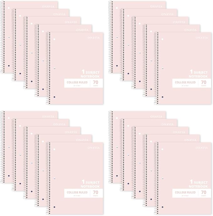 ONAVIA Pink 1 Subject Spiral Notebook College Ruled Bulk, 140 Pages | 70 Sheets, 8 x 10.5 in, 20 Pack School Notebooks, Spiral College Ruled Notebook, Students, Classroom